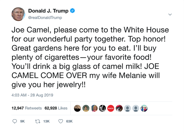 Illustration for article titled Celebrating An Icon: President Trump Has Invited Joe Camel To The White House In Honor Of Being The Coolest Camel He Has Ever Heard Of